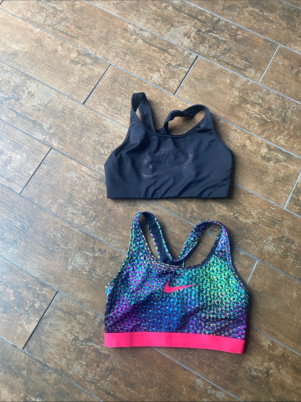 2 Nike Women's Sports Bras - Black & Multicolor with Pink Band. Size medium.